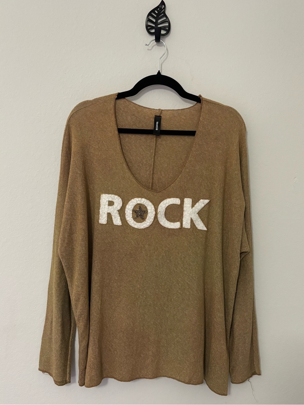 Venti6 ROCK Sequin Star Sweater Womens L Camel Oversized Italy